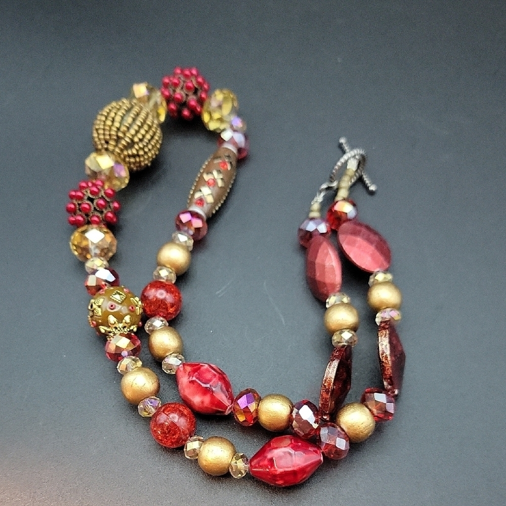 Red and Gold Faceted Gemstone Glass Ethnic Seed Bead Beaded 20" Necklace